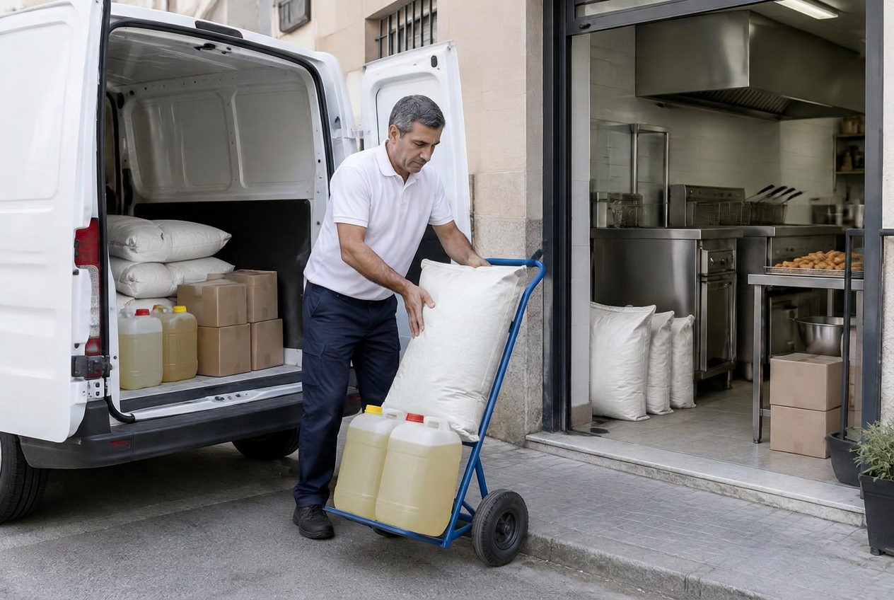 Fotografía de apoyo: reparto de harina y aceite desde una furgoneta blanca sin marcas