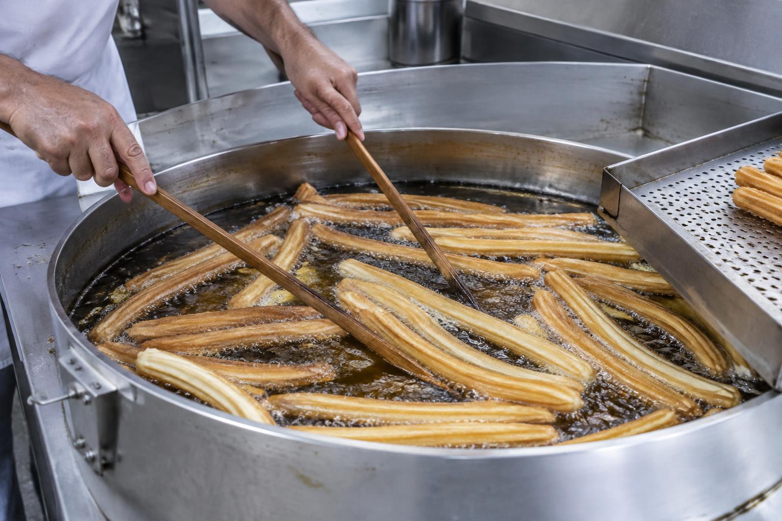 Fotografía de apoyo: fritura de churros en una freidora circular profesional